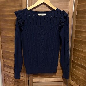 LOFT Midnight Blue Ruffle Cable Knit Sweater